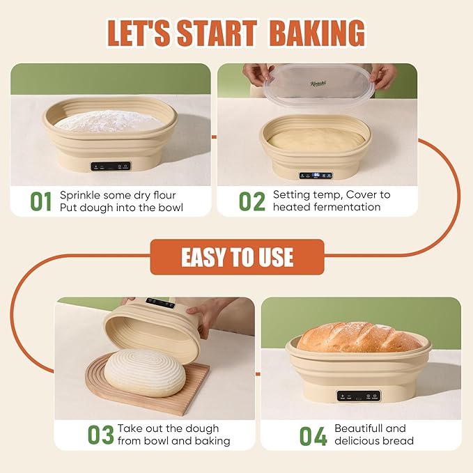 Upgraded Silicone Sourdough Starter Warmer Bowl, Sourdough Starter Kit with Precise 6 level Thermostat Control (77-122°F), Auto Warming On/Off, 6-Hour Timer Sourdough Bread Baking Supplies