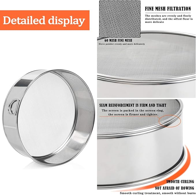 Flour Sifter, Flour Sieve,Stainless Steel Flour Sifter for Baking Cake Bread, Hanging Ring Design, with 2Pcs Dough Scraper, Flour Sieve, Sieve Fine Mesh,Best Baking Lovers' Gift