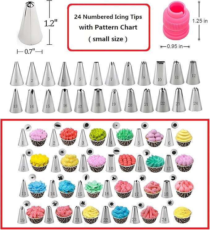 190 Pcs Cake Decorating Kit with Cake Turntable,Cake Leveler,24 Numbered Icing Piping Tips,2 Spatulas,3 Comb Scrapers,2 Couplers,5 Bag Ties,50 Pastry Bags,50 Cupcake Liners,50 Cake Flags