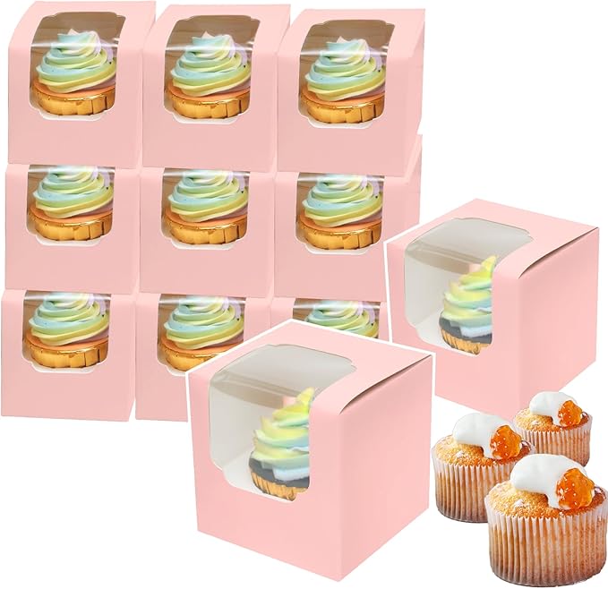 Bakepacker Auto-pop up Cupcake Boxes 100-Packs Individual Cupcake Container Pink 3.5" x 3.5" x 3.5" Single Cupcake Boxes