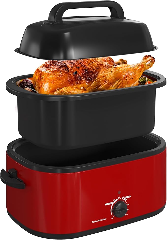 RoyalCraft 22-Quart Electric Roaster Oven with Visible Self-Basting Lid, Turkey Roaster Oven with Removable Pan and Rack, Perfect for Large Meals and Holiday Feasts, Red