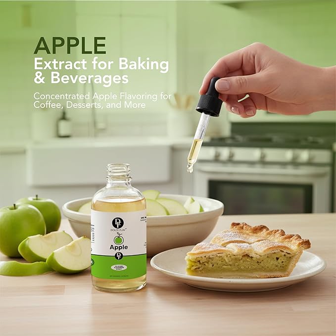 Dolce Flav Apple Extract – 2 Ounce Oil-Soluble Kosher, Sugar-Free, Concentrated Crisp Apple Flavoring for Baking, Chocolates & Desserts, Includes Measured Dropper, Pack of 2