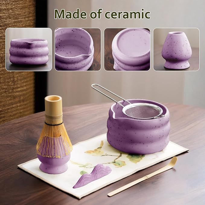 cjc 7-Pcs Matcha Whisk Set, Matcha Sets - Matcha Bowl with Spout, Bamboo Whisk and Holder, Scoop, Sifter ect.– Complete Gift for Matcha Lovers, Japanese Tea Ceremony（Pruple）