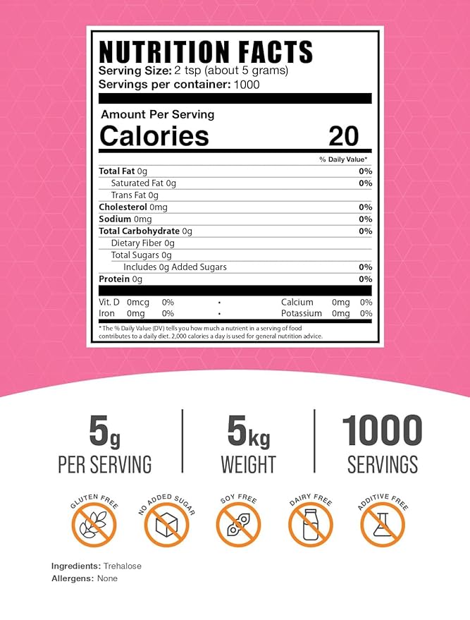 BulkSupplements.com Trehalose Powder - Natural Sweetener, Trehalose Sugar Substitute - Vegan & Gluten Free, 5g per Serving, 5kg (11 lbs) (Pack of 5)