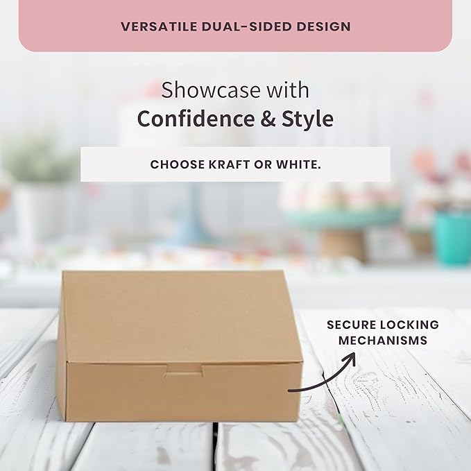 Reversible Bakery Boxes 11 x 7.25 x 3 in, No Window Lock Corner Boxes with Front Tuck Lock & Side Clips, for Danishes, Loaf Cakes & Pastries, Kraft or White Exterior, Microwavable, 100 Pack