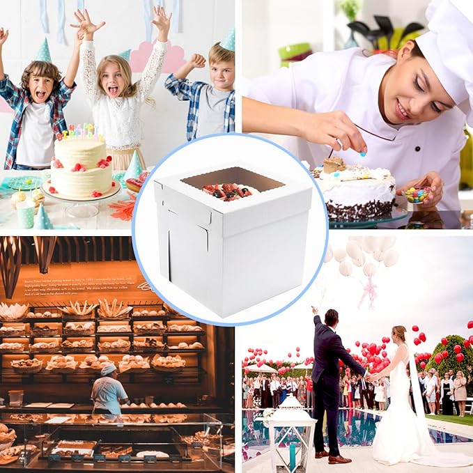 JJO Tall Cake Boxes for Tier Cakes, 10 Pack 12x12x12 Inch,White Cake Boxes with Window,Sturdy Tall Cake Carrier, Disposable Cake Containers