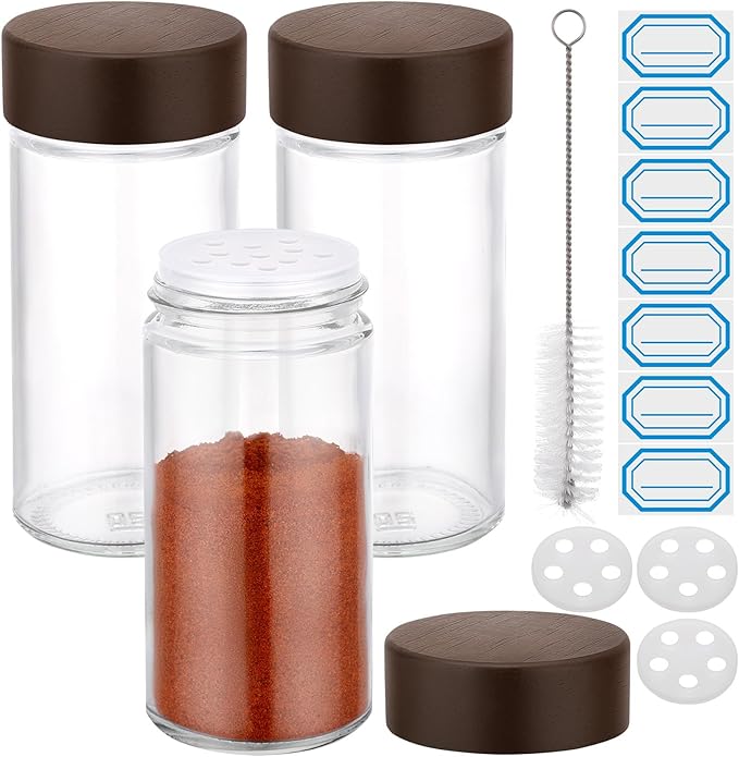 Segarty 3oz Spices Jars with Wood Lids, 3 Pack 90ml Round Spice Containers, Empty Glass Seasoning Organizers Spices Cereals Storage Bottles, Small Salt and Pepper Shakers with 7 Stickers and 1 Brush