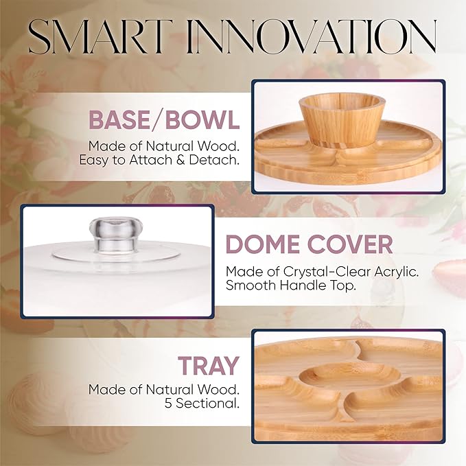 CHEF'S UNIQUE 6-in-1 Bamboo Cake Stand with Dome – Multifunctional Serving Platter, Punch Bowl, Salad Bowl, Chip & Dip Tray, Dessert Display with Clear Acrylic Cover