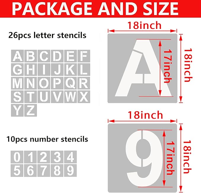 YEAJON 18 Inch Letter Stencils and Numbers, 36 Pcs Alphabet Art Craft Stencils, Reusable Plastic Templates for Wood, Wall, Fabric, Rock, Signage, DIY Art Projects (18 Inch)