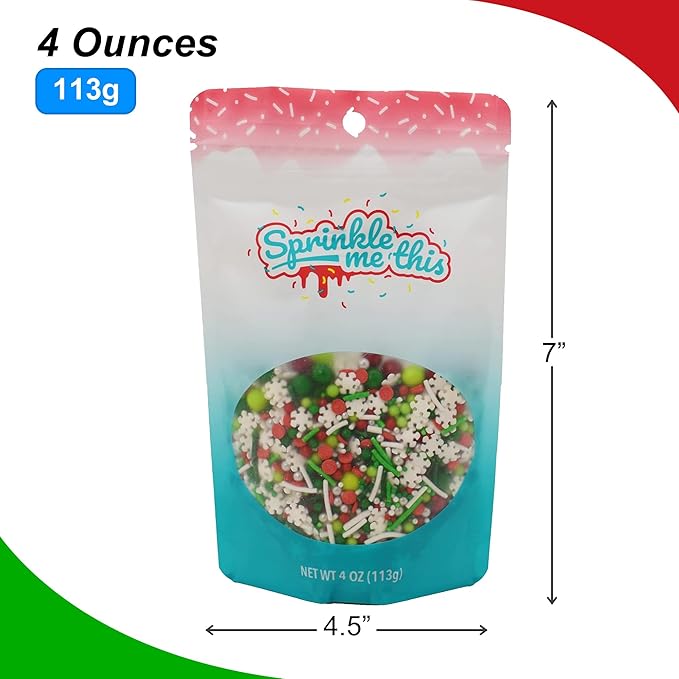 Under the Mistletoe - 4 Oz Sprinkle Resealable Bag - Christmas Themed Sprinkle Mix - Featuring Green, Lime Green, and Red Pearls, White Jimmies, Snowflake Quins, and Silver Nonpareils