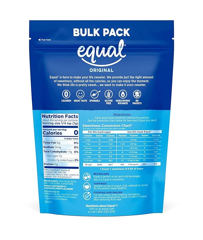 EQUAL 0 Calorie Sweetener, Powdered Aspartame and Acesulfame-K Sweetener, Zero Calorie Sugar Alternative, Erythritol Free, 1 Pound Bulk Bag (Pack of 6)