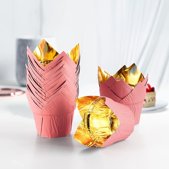 Party Hippo Gold Tulip Cupcake Liners 100 Pcs Baking Paper Cups Holders Greaseproof Muffin Cases Wrappers for Wedding Birthday Party Baby Shower (Pink)