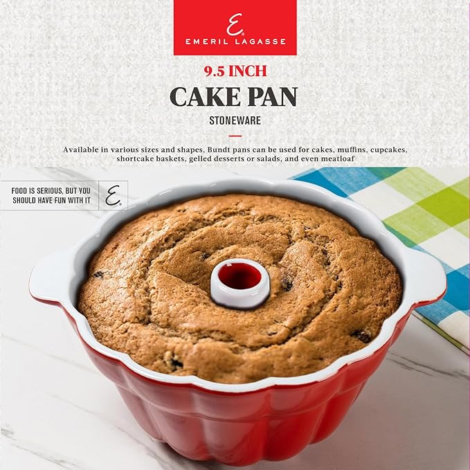 Emeril Lagasse Fluted Cake Pan Stoneware 9.5 in – Pound Cake Baking Pan, Perfect for Baking Delicious Cakes!