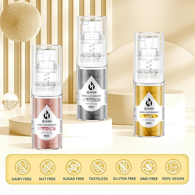 Edible Glitter Spray - 3 Colors Edible Spray Glitter Food Grade Metallic Shimmer Powder Gold Silver Rose Gold Cake Sprinkles for Cookie Decorating Chocolate Strawberry, 5g/Bottle