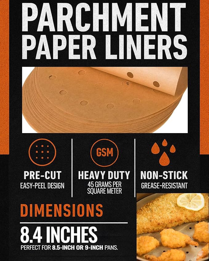 8.4 inch Parchment Paper Rounds, Round Sheets for Baking, Air Fryers, Hamburger Patty, Tortilla, Dumpling, Gyoza, Cake Pans, Steamers, Non Stick Small Pre-cut Paper Liners, Unbleached