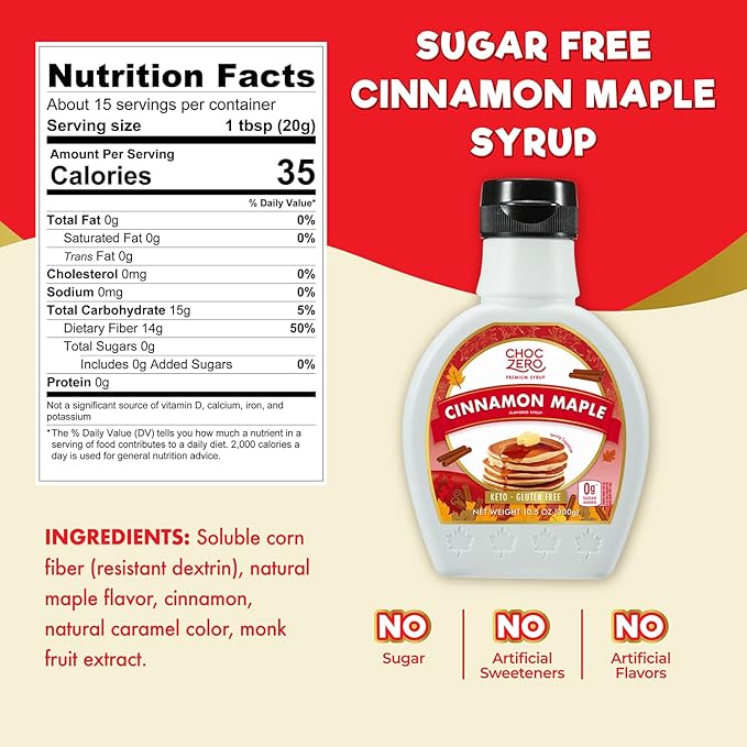 ChocZero Cinnamon Maple Syrup – Sugar-Free, Keto Friendly, High Fiber, Monk Fruit Sweetened, Low Carb, Gluten-Free, Vegan – 10.5oz