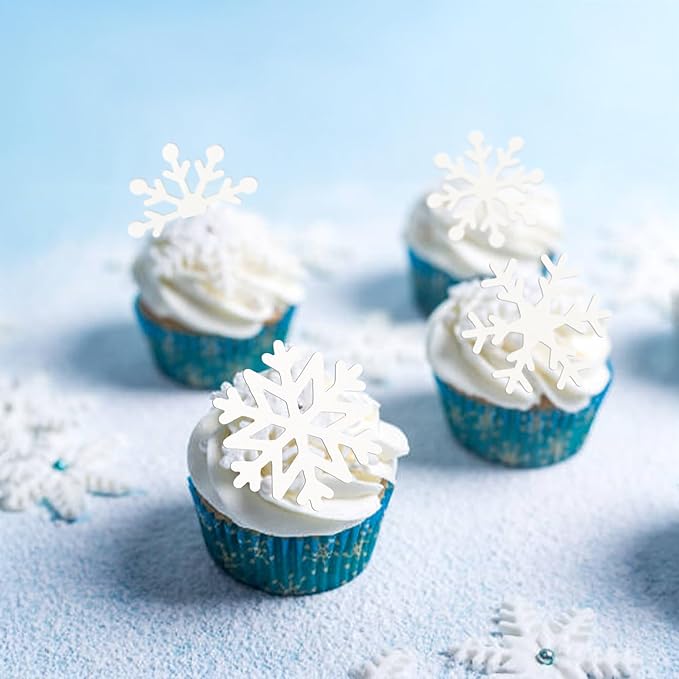 Gyufise 60Pcs Edible Snowflake Cupcake Toppers Winter Cupcake Picks Water Paper Winter Frozen Cake Decorations for Snowflake Theme Baby Shower Kids Birthday Party Supplies White