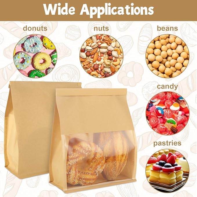 QTLCOHD 100 Pcs Bakery Bags with Window - 8.2 x 3.9 x 9.4 Inch Tin Tie Tab Lock Sourdough Paper Bread Bags for Homemade Bread, Cookie, Pastry, Treat Packaging, Brown