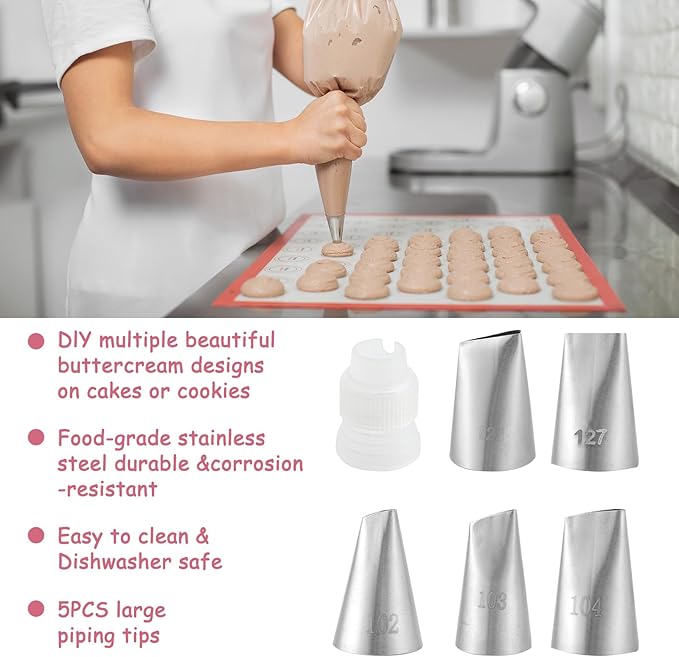5 Pieces Flower Piping Tips, Flower Tips for Cake Decorating, 102、103、104、127、128、104 Piping Tip, Small Size Adapter for Decorating, Suitable for Cookies and Cupcakes