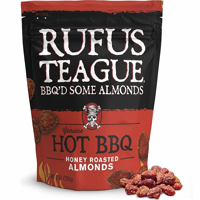 Rufus Teague Hot BBQ Honey Roasted Almonds – Sweet, Spicy & Smoky Gourmet Snacks, 9 oz Resealable Pouch for Freshness