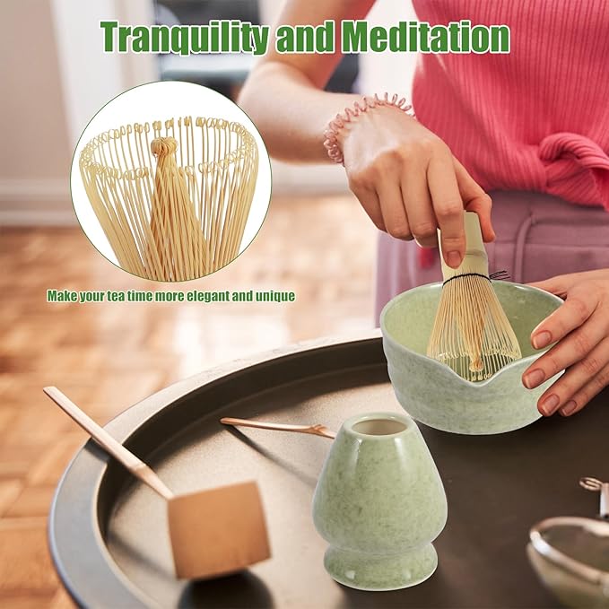 4Pcs Matcha Making Kit, Ceramic Bowl, Bamboo Whisk and Scoop, Matcha Sifter and Holder