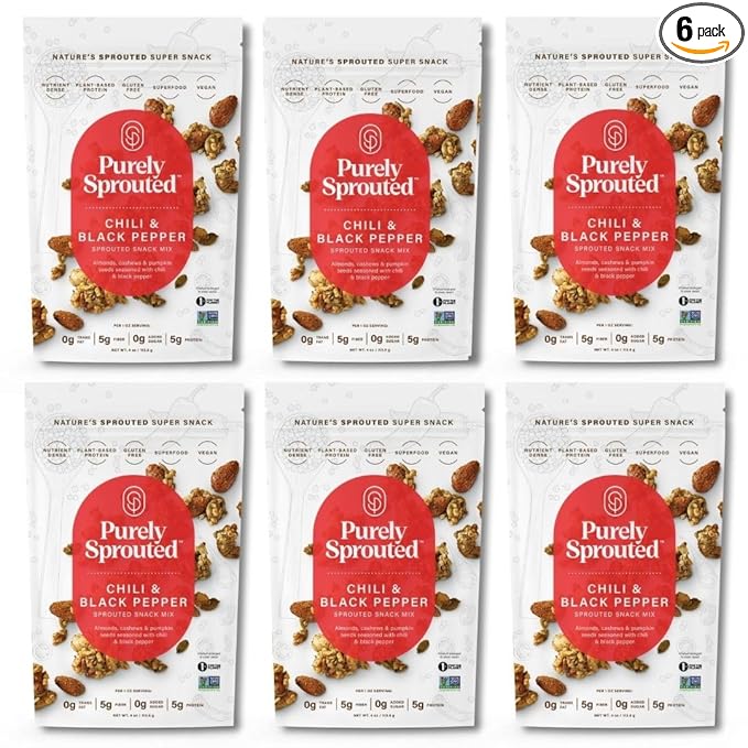 Purely Sprouted Chili & Black Pepper Snack Mix: Vegan, Gluten-Free, and Non-GMO Blend for a Healthy Crunch! (4 oz, 6 pack)