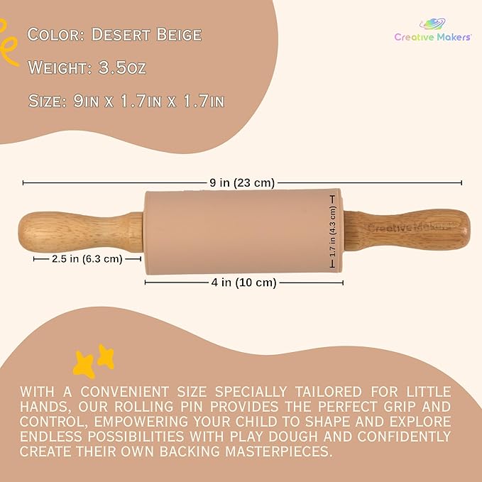 Small Rolling Pin for Kids, Non-Stick Silicone Surface with Wooden Handles for Play Dough and Baking Rolling Pin (Desert Beige)