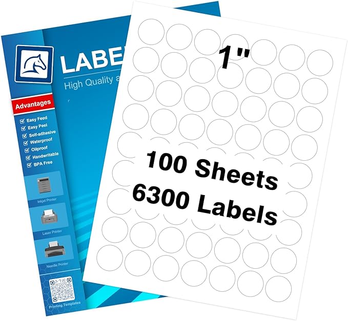 1" Round Sticker Labels - White Printable Sheets, Circle Labels, 100 Sheet Pack (HB-C063)