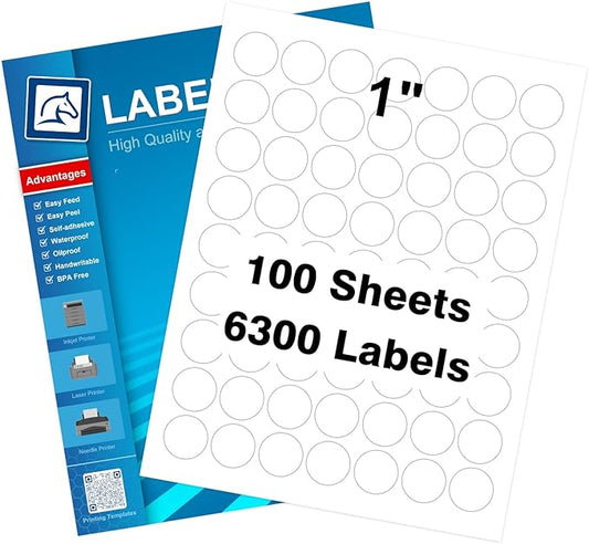1" Round Sticker Labels - White Printable Sheets, Circle Labels, 100 Sheet Pack (HB-C063)