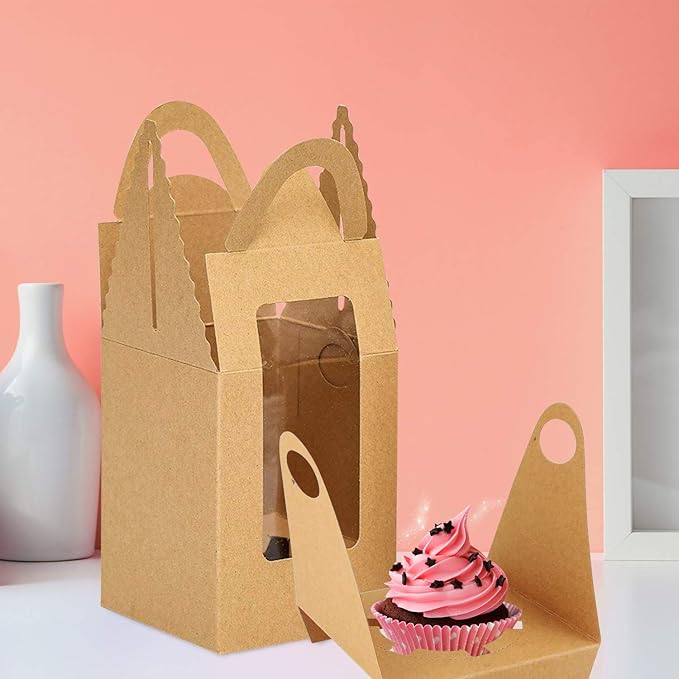 Cupcake Boxes, 30 Pack Individual Single With Clear Window Inserts Handle - Muffins Carriers Pastry Containers (Brown)
