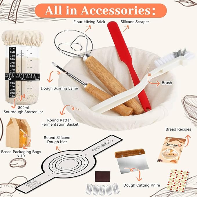 Sourdough Starter Kit, Banneton Bread Proofing Basket with Glass Sourdough Starter Jar, Sourdough Bread Baking Supplies, 9'' Round Bread Proofing Basket, for Bread Making Baking Fermentation