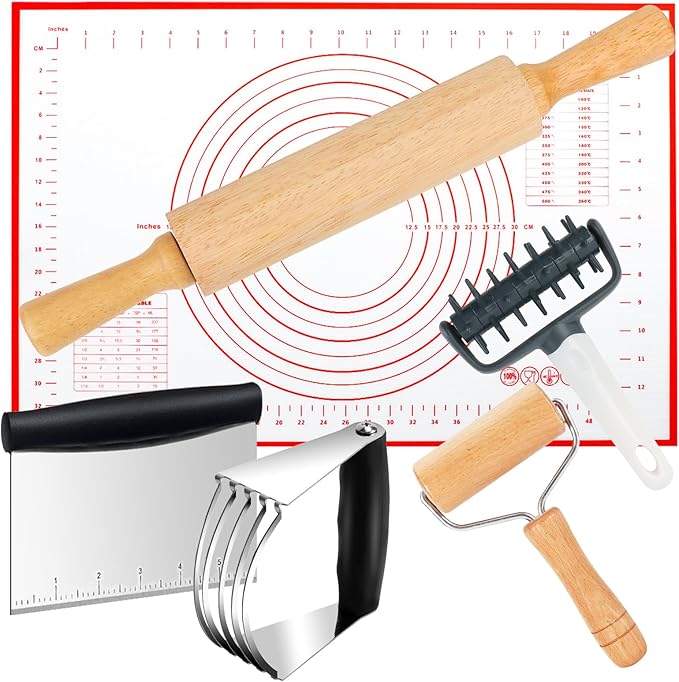 Wooden Rolling Pins for Baking, Small Dough Roller with Handle, Stainless Steel Pastry Blender Set with Pizza Dough Roller Docker, Pastry Cutter, Dough Cutter, Baking Mat, for Home Kitchen Cooking