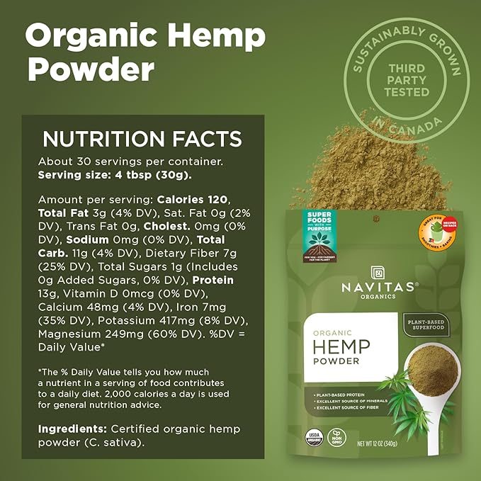 Navitas Organics Hemp Powder – Vegan Protein, Fiber & Minerals – for Smoothies, Oatmeal, Baking, Bars & More – Cold-Pressed – USDA Organic, Non GMO, Kosher, Gluten Free (12oz. Bag, 11 Servings)