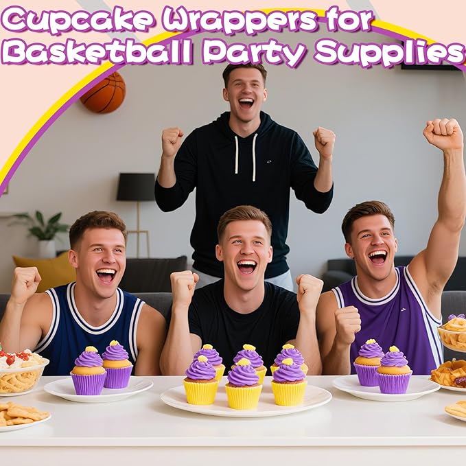 200PCS Purple and Yellow Cupcake Liners Muffin Baking Cups Wrappers for Yellow and Purple Birthday Party Supplies Disposable Pastel Cupcake Papers for Sports Theme Basketball Birthday Party Decoration