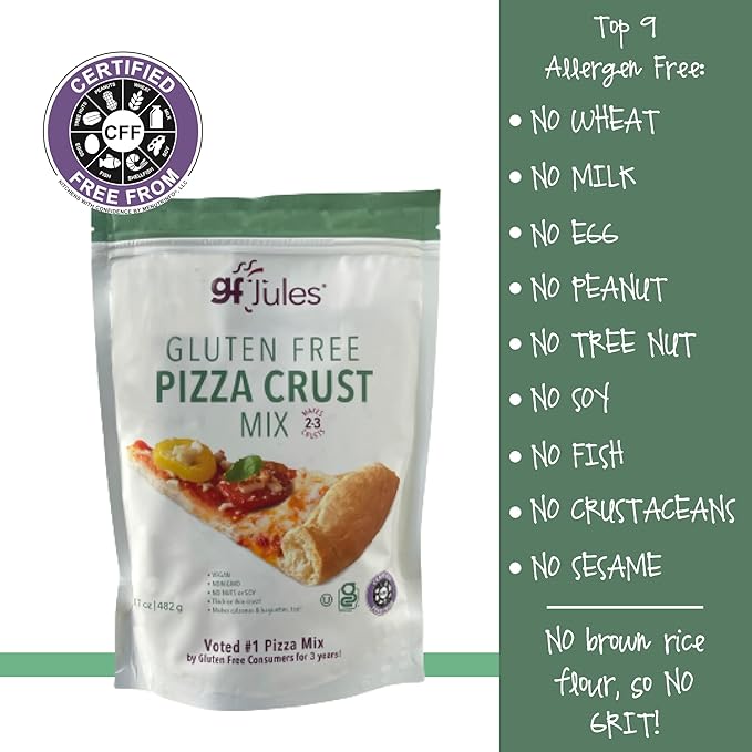 gfJules Certified Gluten Free Pizza Crust Mix | Deep Dish or Thin Crust | No Grit, Non-GMO, Vegan | Certified Top 9 Allergen-Free & Kosher | Makes two-three 12 in. Crusts | 17oz Pouch
