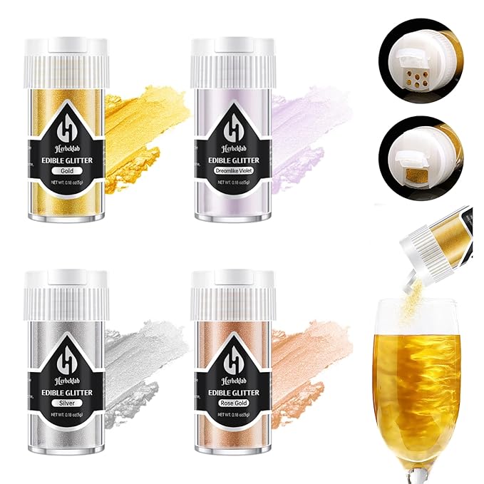 Edible Glitter – 4 Colors Luster Dust Drink Glitter, Food Grade Cocktail Shimmer Powder for Beverages, Cakes, Chocolate & Candy, 5g/Bottle