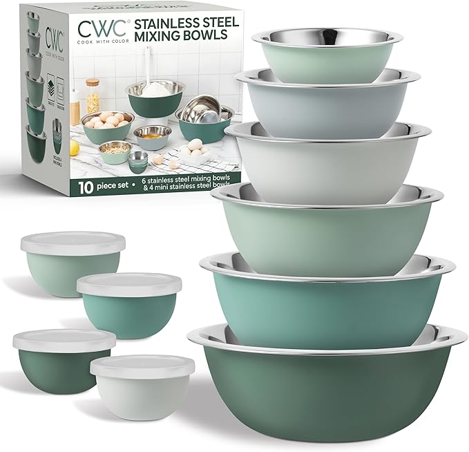 COOK WITH COLOR Stainless Steel Mixing Bowls Set - Nesting Bowls, 14 Pieces, Green