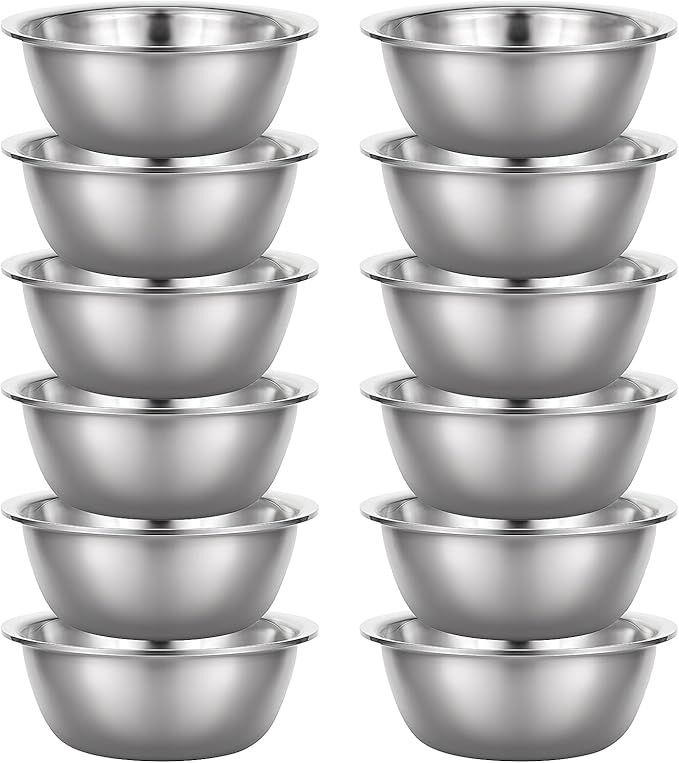 Set of 12 Stainless Steel Mixing Bowls, Nesting Metal Prep Salad Bowl Bulk Kitchen Large Reusable Baking Food Container for Hotel Restaurant Home Cooking, Silver(8.66 x 3 Inch)