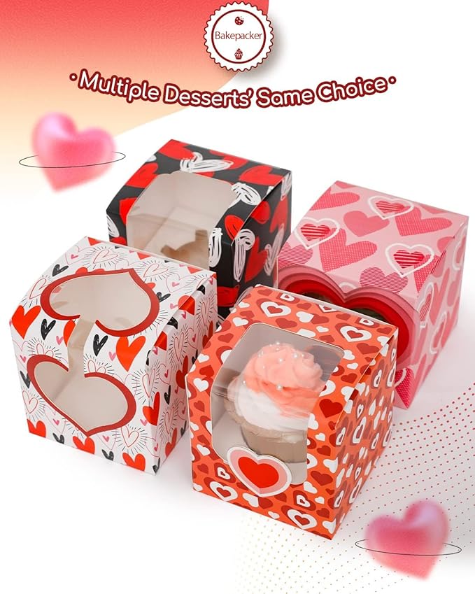 Bakepacker Vanlentine Auto-pop up Cupcake Boxes 30-Packs Vanlentine's Day Individual Cupcake Container 3.5" x 3.5" x 3.5" Single Cupcake Boxes