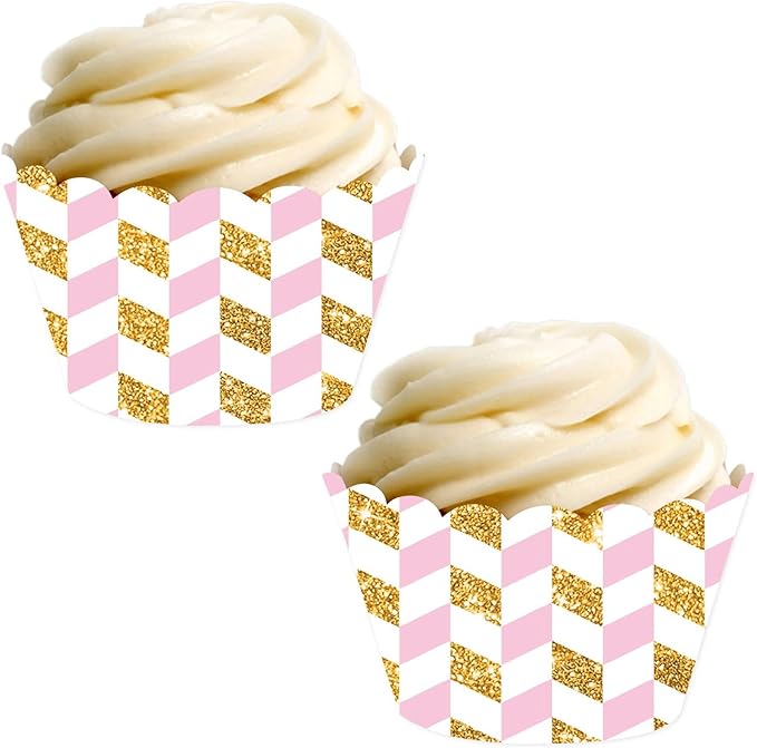 Andaz Press Party Cupcake Wrapper Decorations, Pink and Gold Glitter Houndstooth, 24-Pack, Theme Colored Bulk Cake Supplies, Girl Baby Shower 1st Birthday