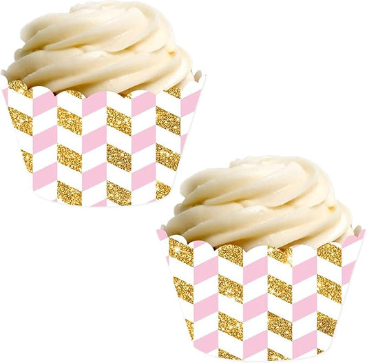Andaz Press Party Cupcake Wrapper Decorations, Pink and Gold Glitter Houndstooth, 24-Pack, Theme Colored Bulk Cake Supplies, Girl Baby Shower 1st Birthday