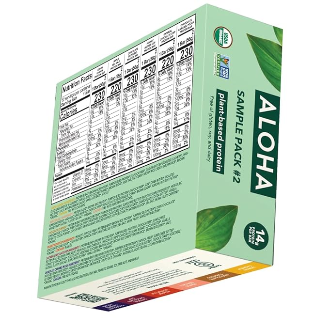 ALOHA Organic Plant Based Protein Bars - Sampler Pack #2-12 Bars, Vegan, Low Sugar, Gluten-Free, Paleo, Low Carb, Non-GMO, No Stevia, No Erythritol