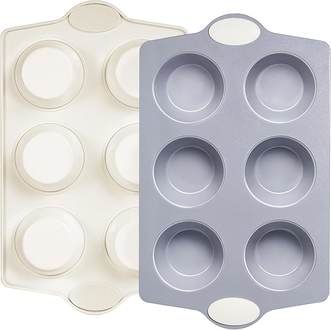 BRONYPRO 2-Pack 6-Cup Non Toxic Nonstick Ceramic Jumbo Muffin Pan & Cupcake Tin, PFOA & PFOA Free, Heavy Duty Rust-Resistant Aluminized Steel, Oven & Dishwasher Safe, Cream White
