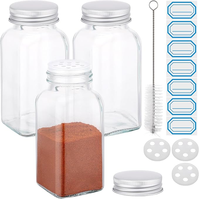 Segarty 6oz Spices Jars with Silver Aluminum Lid, 3PCS 180ml Square Spice Containers, Empty Glass Seasoning Organizers for Sugar Herb Storage, Large Salt and Pepper Bottles with 7 Stickers and 1 Brush