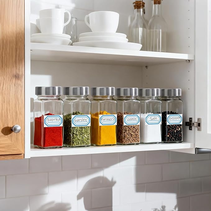 Segarty 4oz Spices Jars with Stainless Steel Shaker Lids, 6 Pack 120ml Square Spice Containers, Empty Glass Seasoning Organizers for Spices Storage, Small Salt and Pepper Shakers, 7 Stickers, 1 Brush