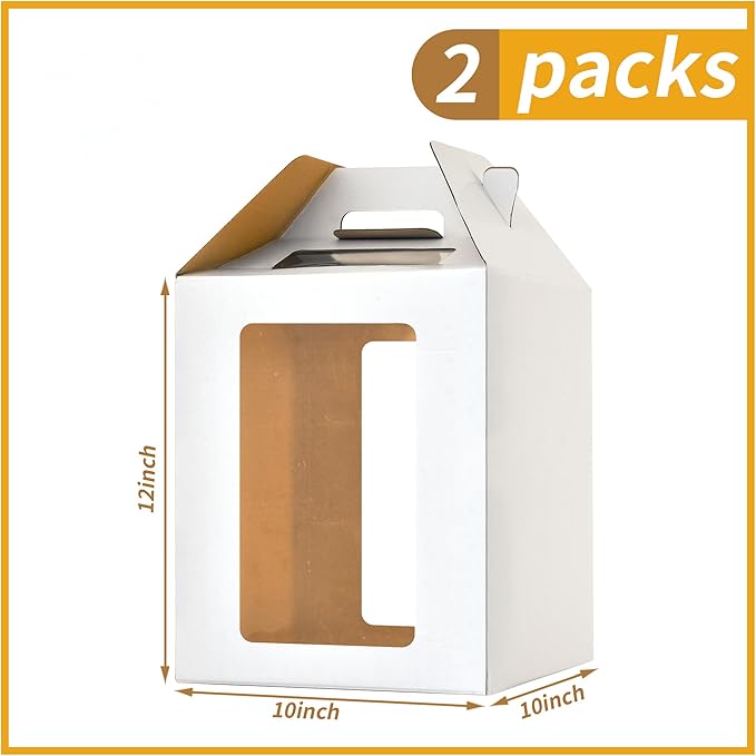 XININSUN 10inch Tall Cake Boxes with windows,10x10x12 Tall Cake Carrier, Tiered Cake Box, Layer Cake Box, large cake box,Ideal for 10" & 12" Tiered Cakes (2 Pack-White)