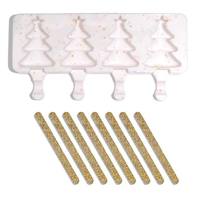 Fancy Sprinkles Limited Edition Holiday Mariah Tree Cakesicle Mold, 4 Cavities Reusable Silicone, For Baking & Dessert Decorating, Includes 8 Gold Glitter Acrylic Sticks (10.3” W x 0.8” H x 3.9” D)