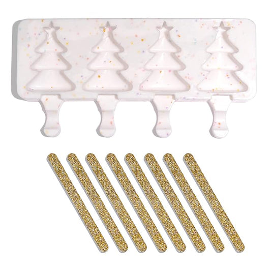 Fancy Sprinkles Limited Edition Holiday Mariah Tree Cakesicle Mold, 4 Cavities Reusable Silicone, For Baking & Dessert Decorating, Includes 8 Gold Glitter Acrylic Sticks (10.3” W x 0.8” H x 3.9” D)