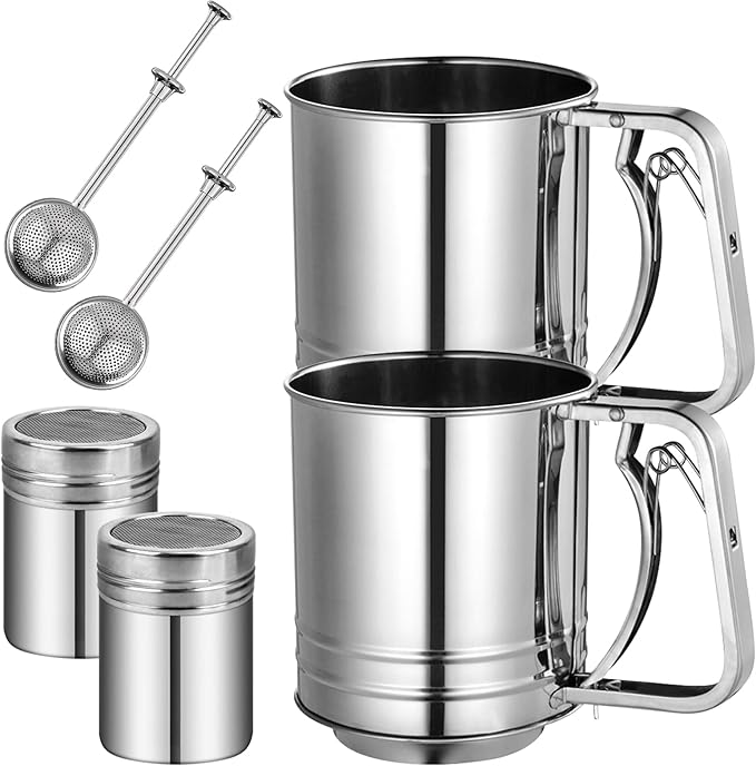 Flour Sifter Stainless Steel, 3 Cup Flour Sifters for Baking, 2 Sets 3 in 1 Sifter for Baking with Powdered Sugar Shaker Duster, Flour Shaker Duster for Baking Cakes Pastries Pies Cupcakes Desserts