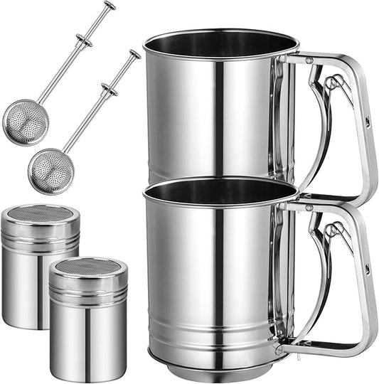 Flour Sifter Stainless Steel, 3 Cup Flour Sifters for Baking, 2 Sets 3 in 1 Sifter for Baking with Powdered Sugar Shaker Duster, Flour Shaker Duster for Baking Cakes Pastries Pies Cupcakes Desserts